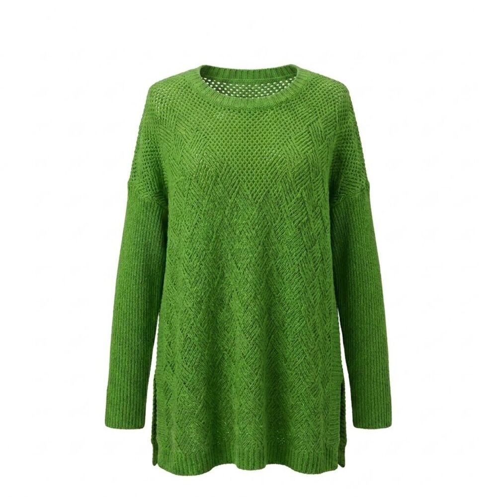CABI Green Pullover Sweater S Ribbed Basket Weave Oversized Pullover Luxury Cozy